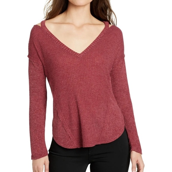 Red Waffle Knit Thermal Cold-Shoulder Long-Sleeve Tee Top Shirt - Picture 1 of 4